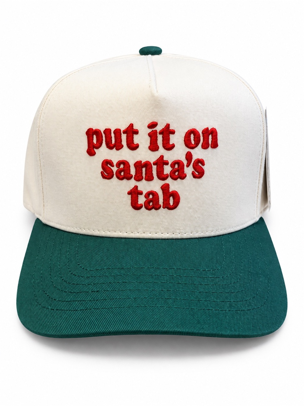 C.C Put It on Santa’s Tab Christmas Snapback Trucker Hat Cream Green NWT